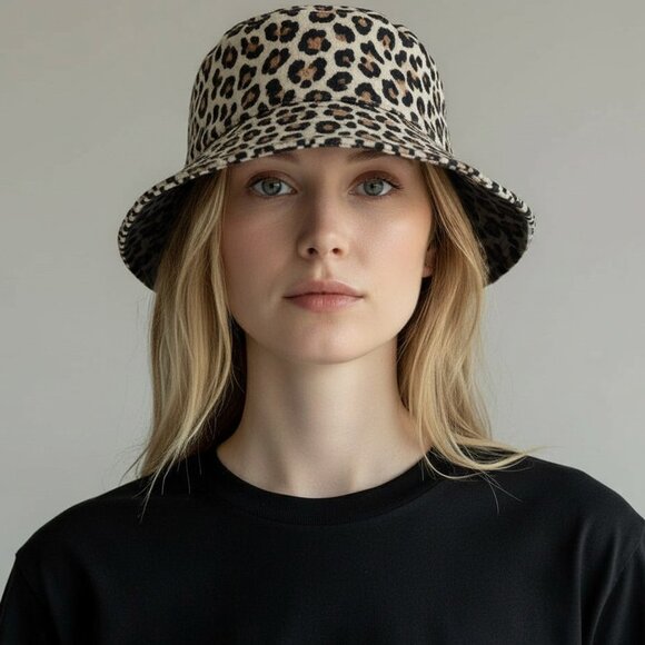 Source Unknown Accessories - Leopard Print & Black Reversible Bucket Hat Size S